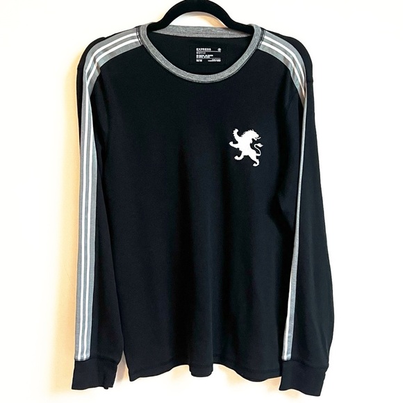 EXPRESS Waffle Knit Shirt Men’s M Crew Neck Long Sleeve Pullover Black Striped - Picture 1 of 8